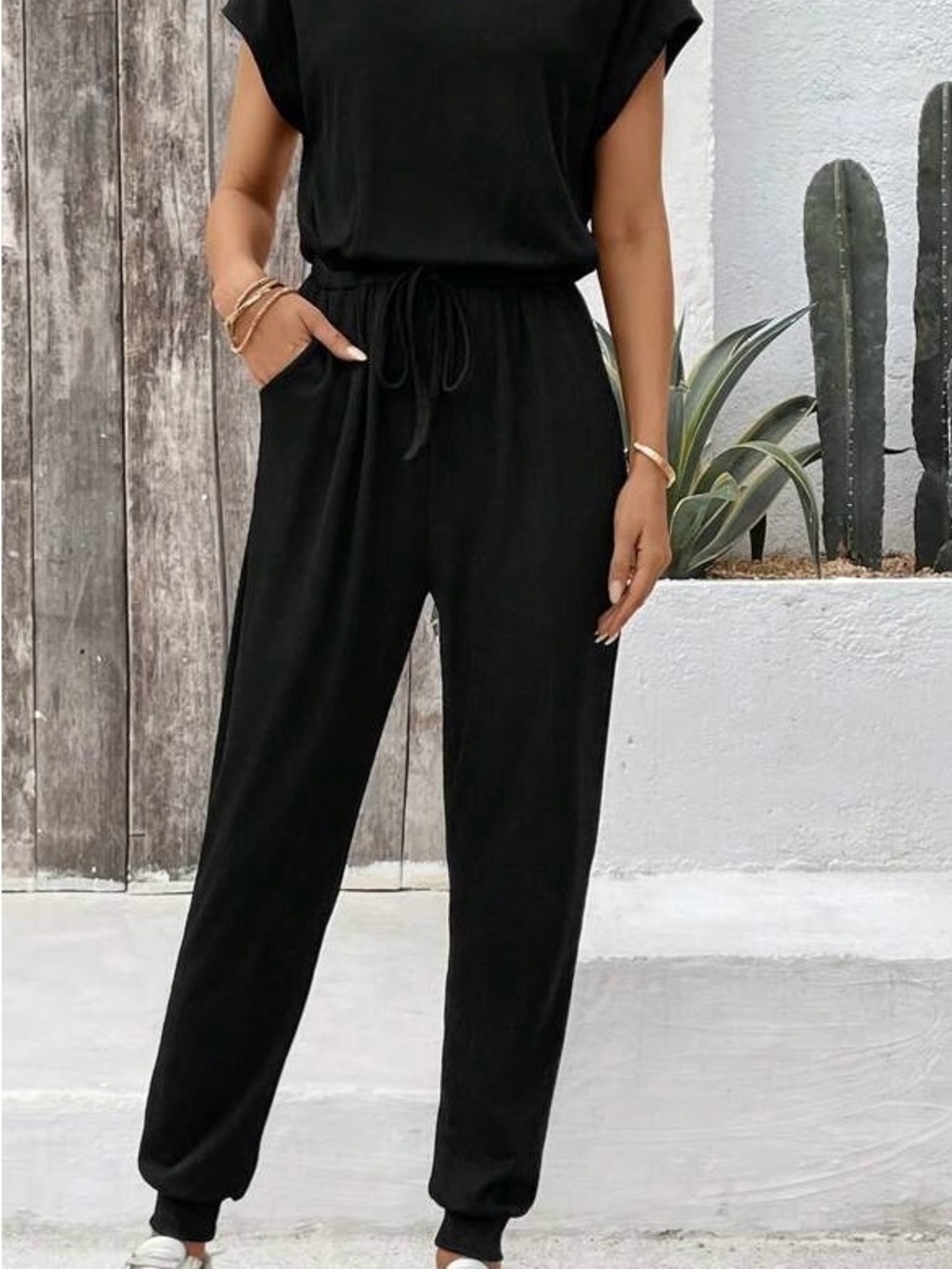 Black Drawstring Jogger Jumpsuit for Women